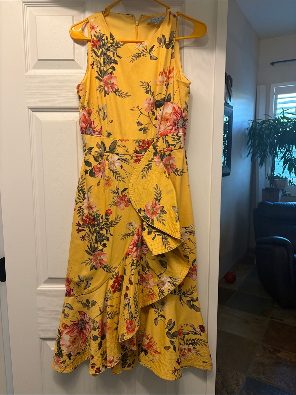 ANTONIO MELANI Yellow Floral High-Low Ruffle Dress